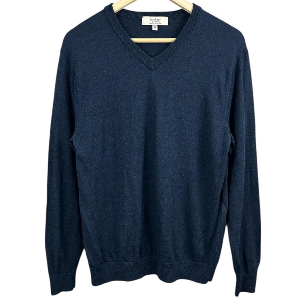 Turnbury 100% Extra Fine Merino Wool Navy V-Neck Men's Sweater Size Medium